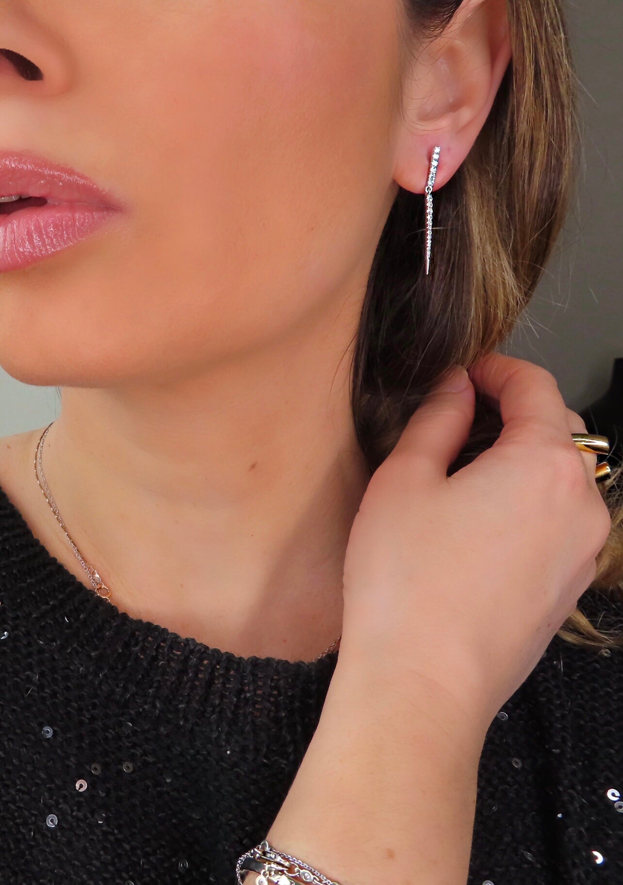 Diamond Linear Bar Dangle Earrings — 14K Gold