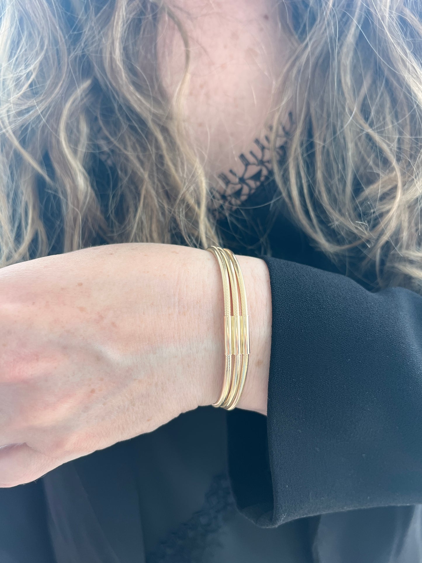 Triple Mesh Stretch Bangle — 14K Yellow Gold