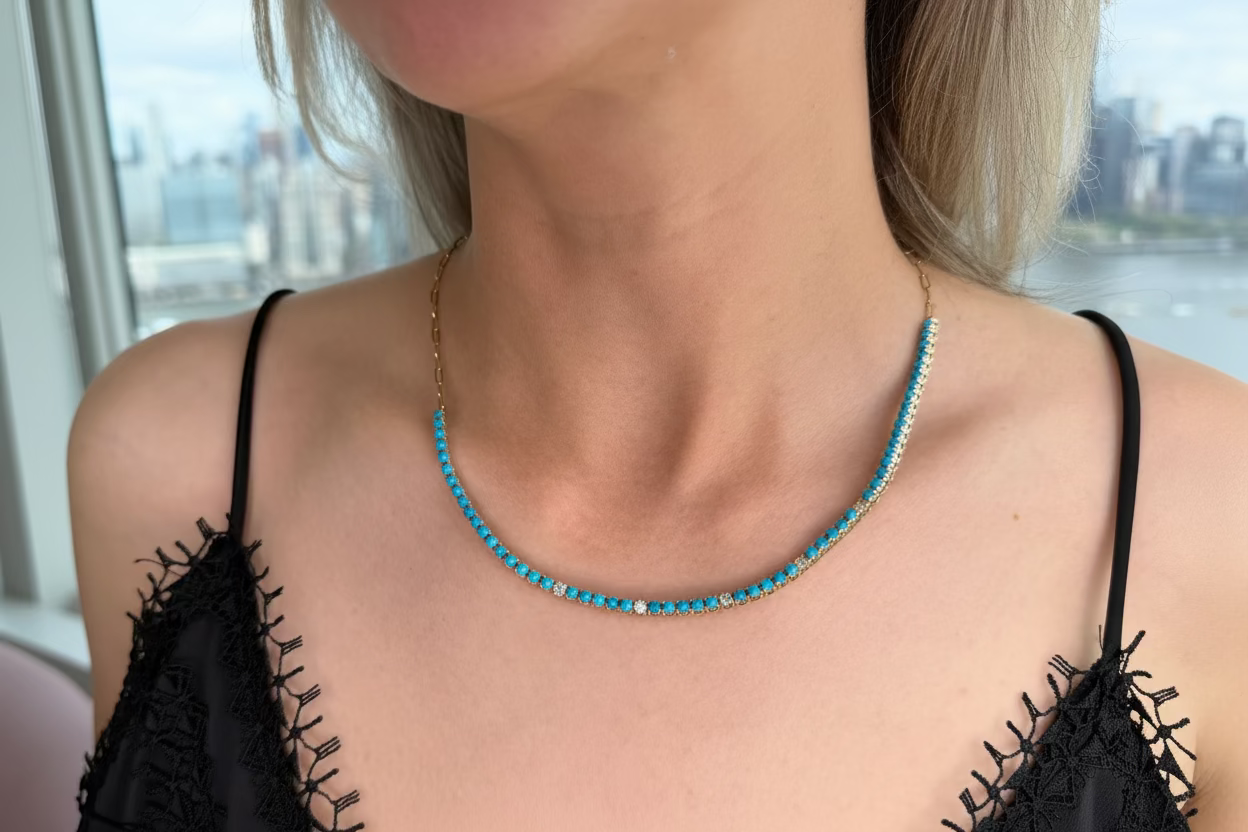 Turquoise & Diamond Paperclip Necklace — 14K Yellow Gold