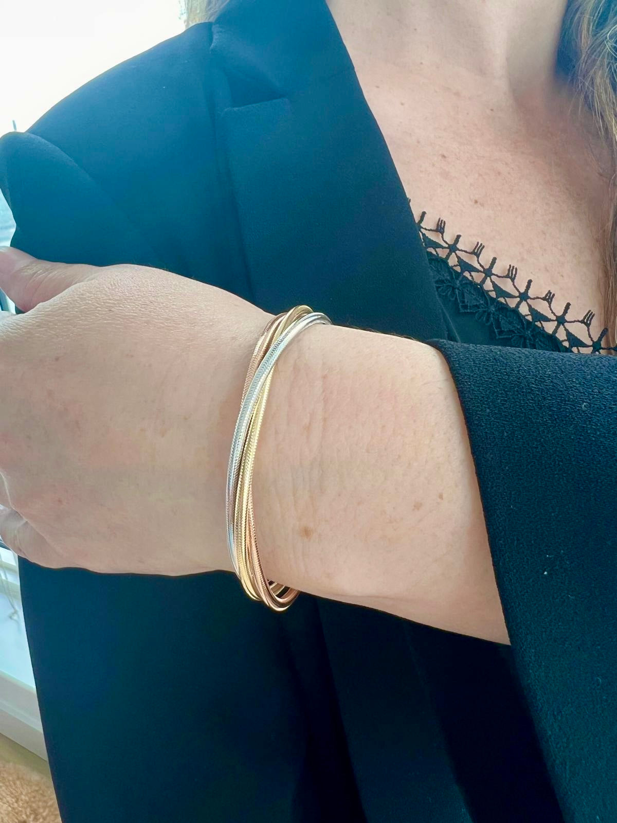 Triple Mesh Stretch Bangle — Three-Tone 14K Gold