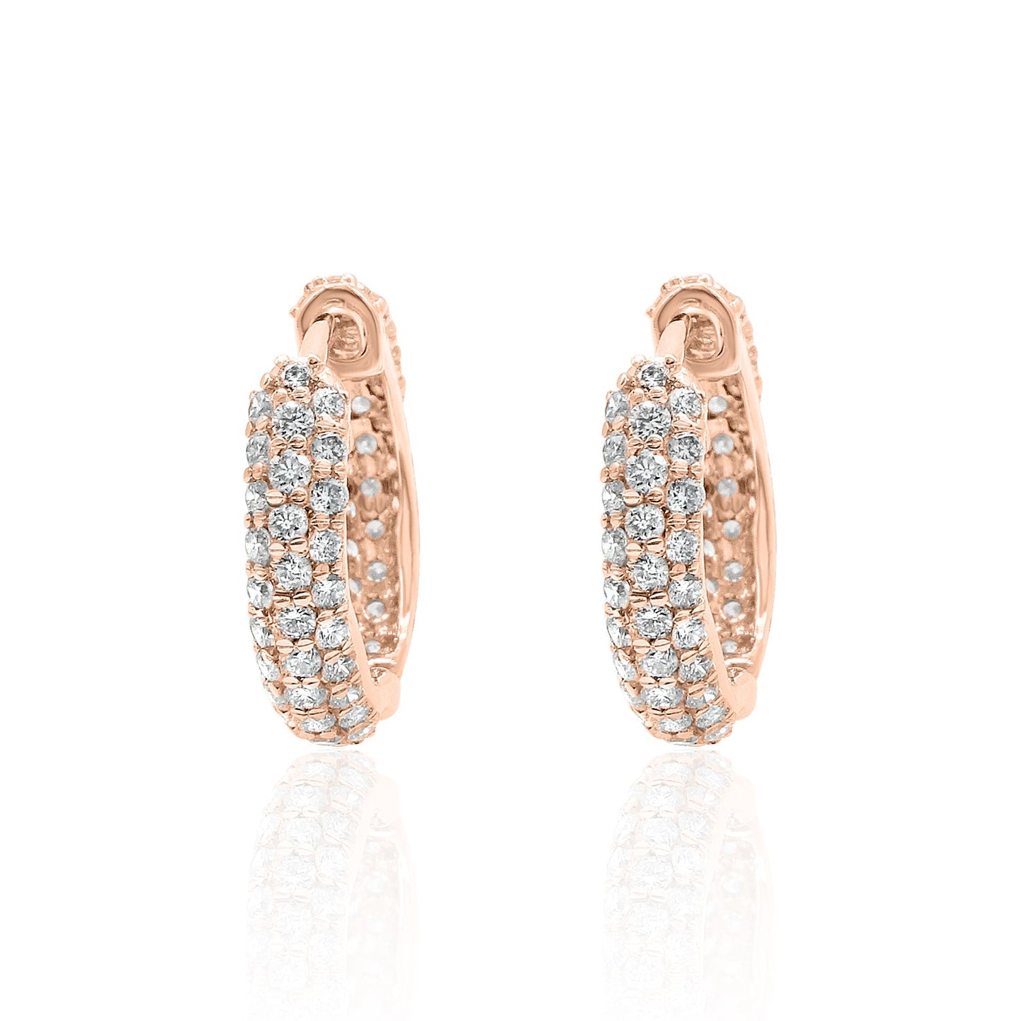 Triple Row Pavé Diamond Huggie Earrings — 14K Gold