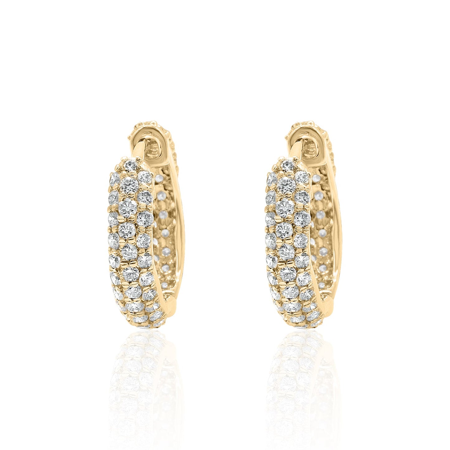 Triple Row Pavé Diamond Huggie Earrings — 14K Gold