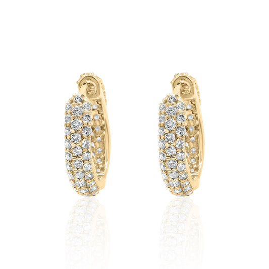 Triple Row Pavé Diamond Huggie Earrings — 14K Gold