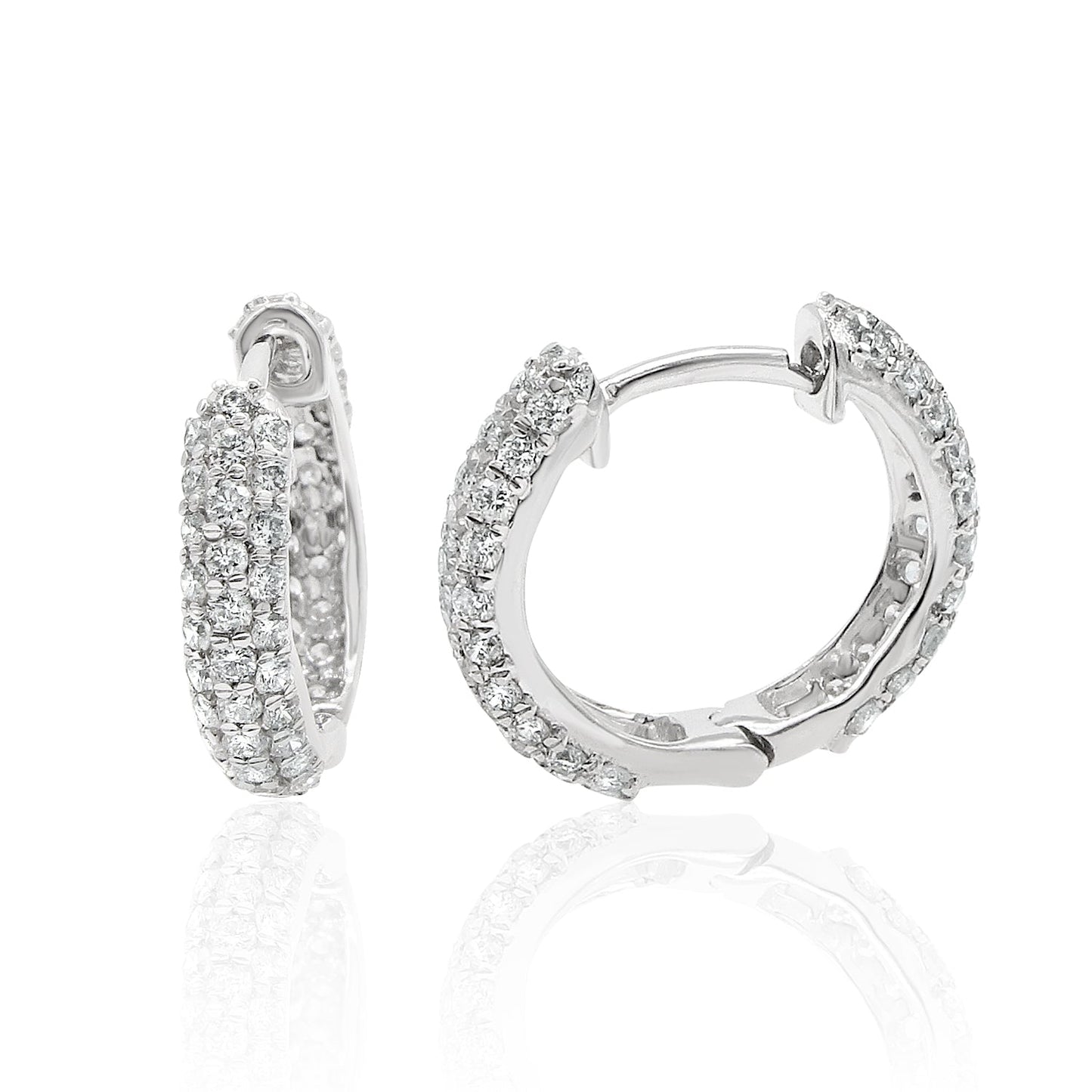 Triple Row Pavé Diamond Huggie Earrings — 14K Gold