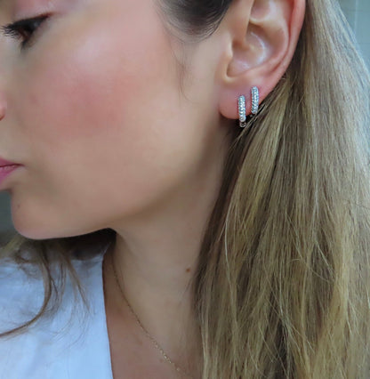 Triple Row Pavé Diamond Huggie Earrings — 14K Gold