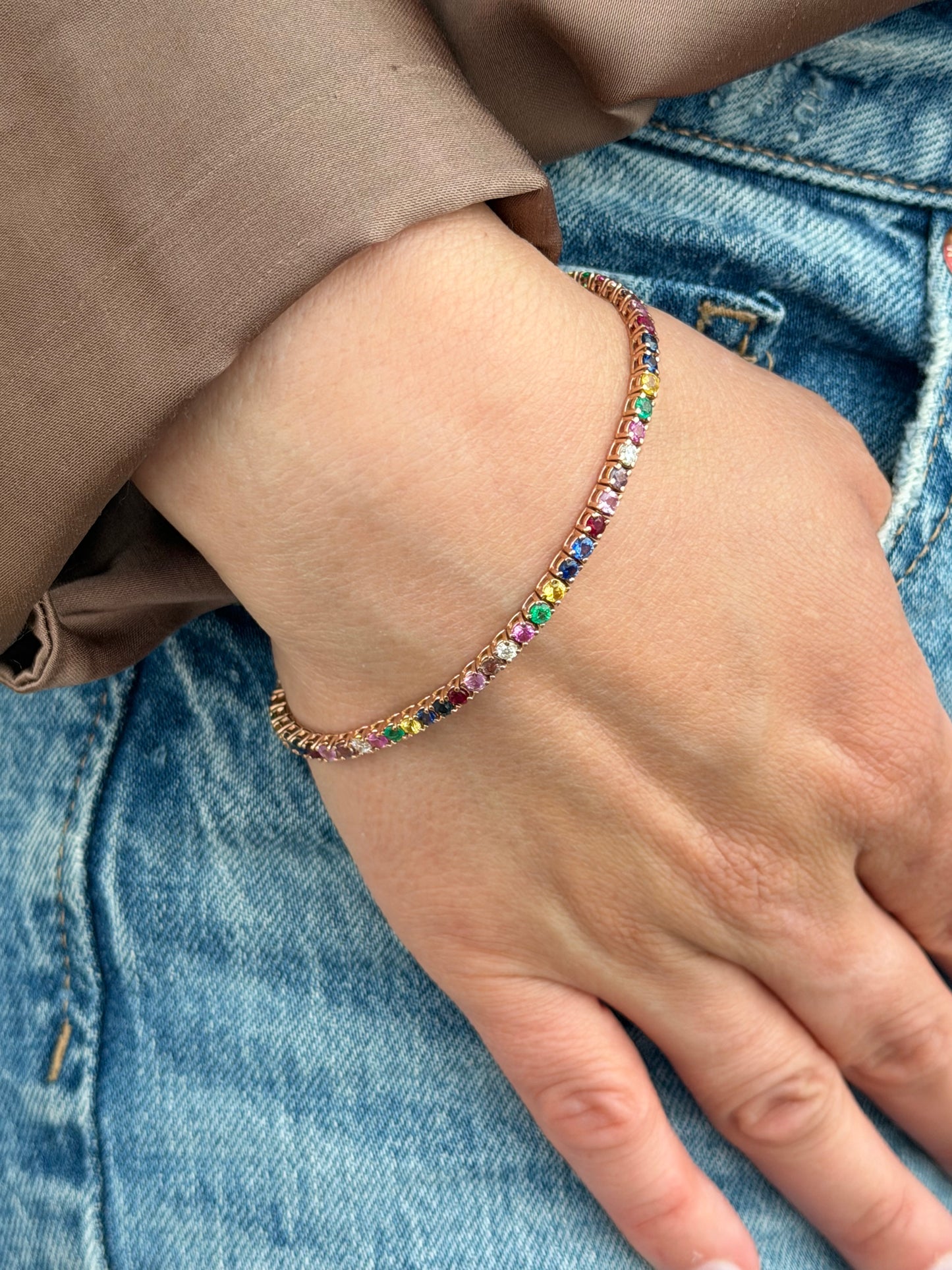 Multicolor Sapphire, Ruby, Emerald & Diamond Tennis Bracelet — 14K Gold