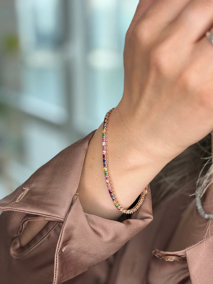 Multicolor Sapphire, Ruby, Emerald & Diamond Tennis Bracelet — 14K Gold