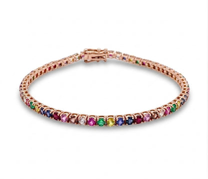 Multicolor Sapphire, Ruby, Emerald & Diamond Tennis Bracelet — 14K Gold