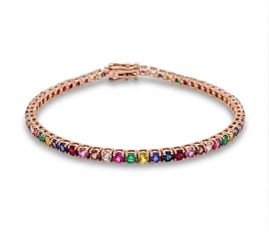 Multicolor Sapphire, Ruby, Emerald & Diamond Tennis Bracelet — 14K Gold