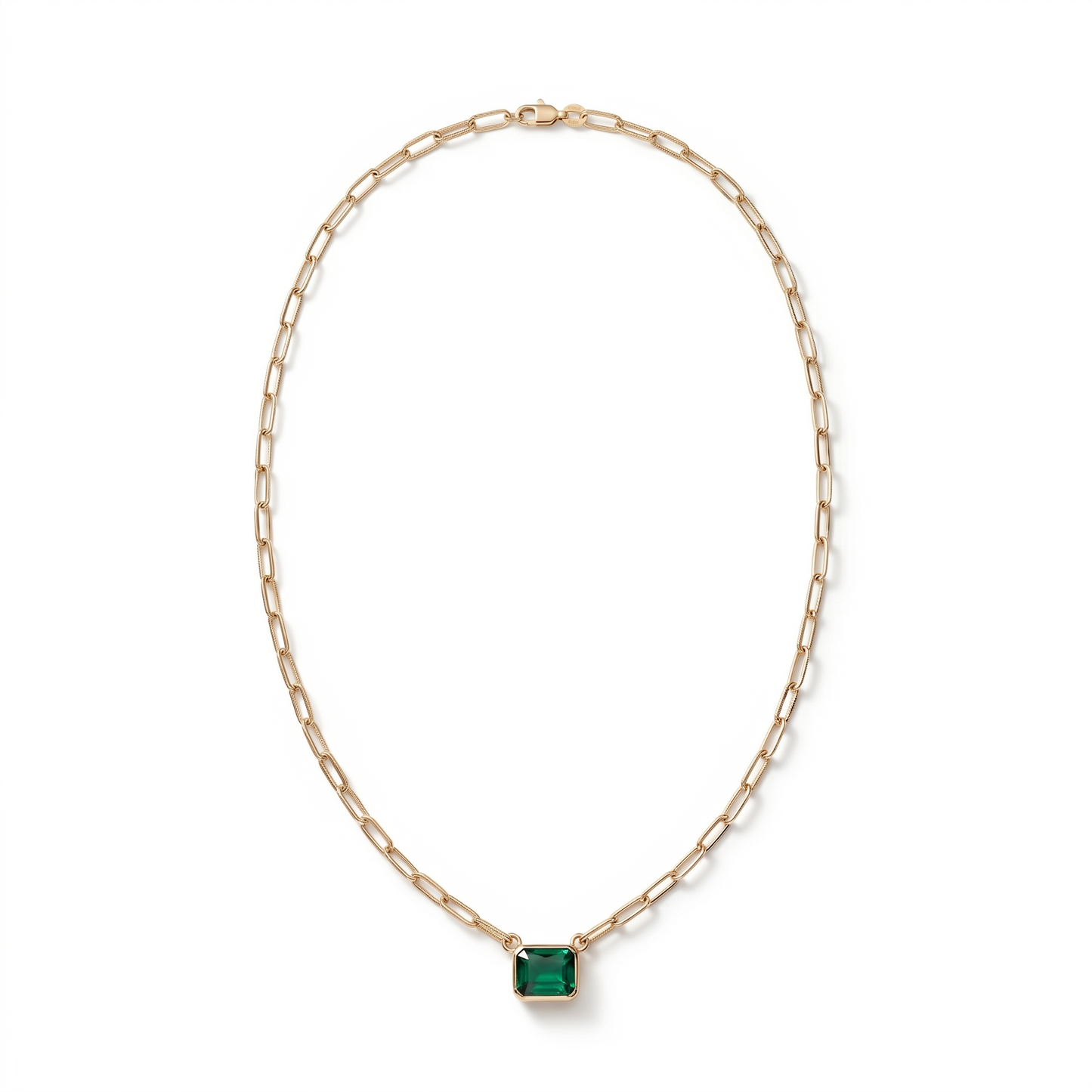 Emerald Paperclip Necklace — 14K Yellow Gold