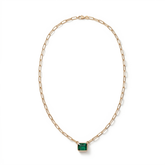 Emerald Paperclip Necklace — 14K Yellow Gold