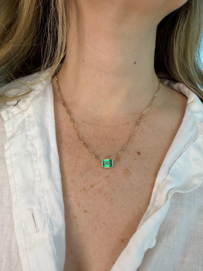 Emerald Paperclip Necklace — 14K Yellow Gold