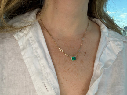 Emerald Paperclip Necklace — 14K Yellow Gold
