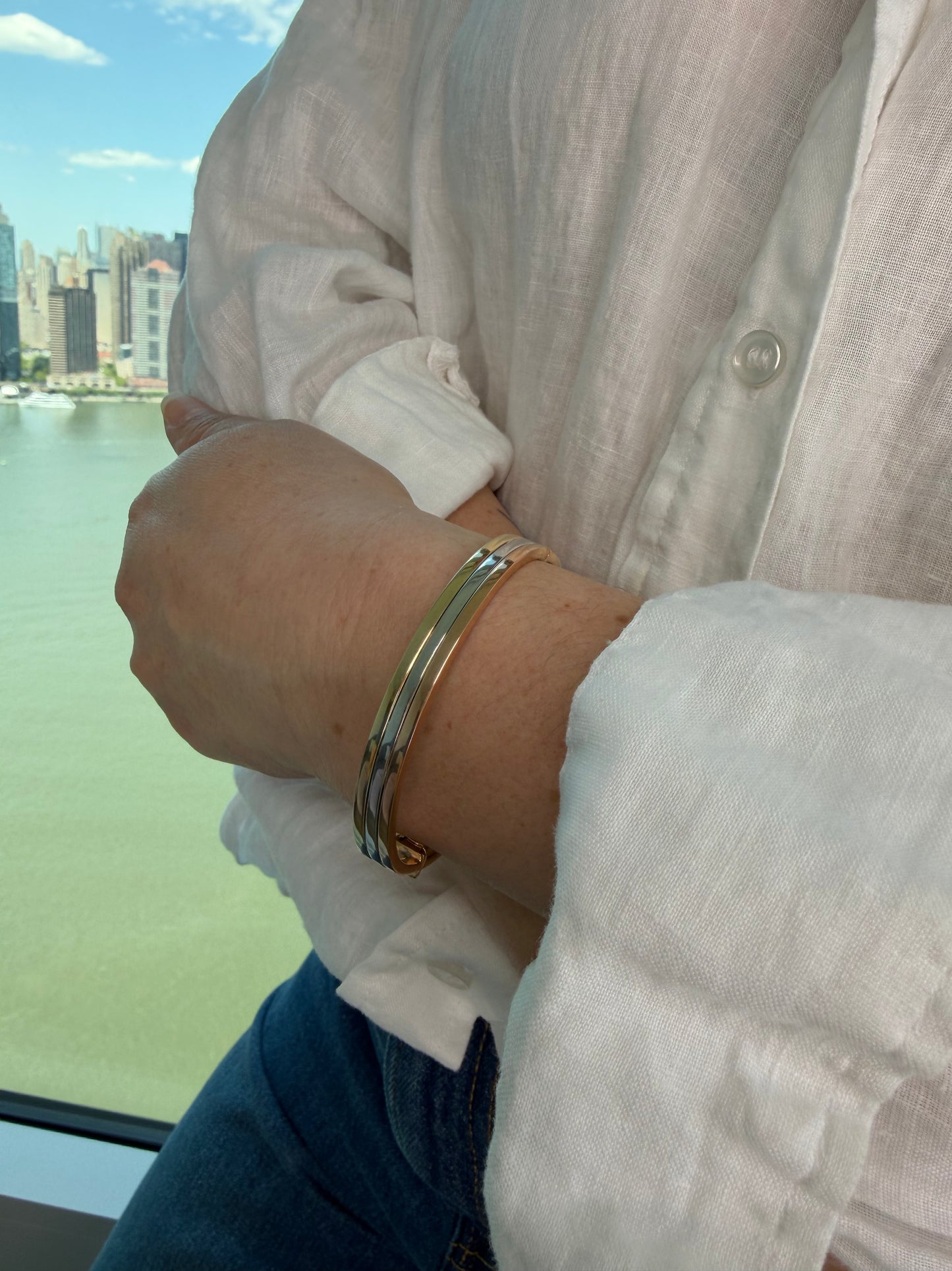 Triple Row Bangle Bracelet - Three Tone 14K Gold