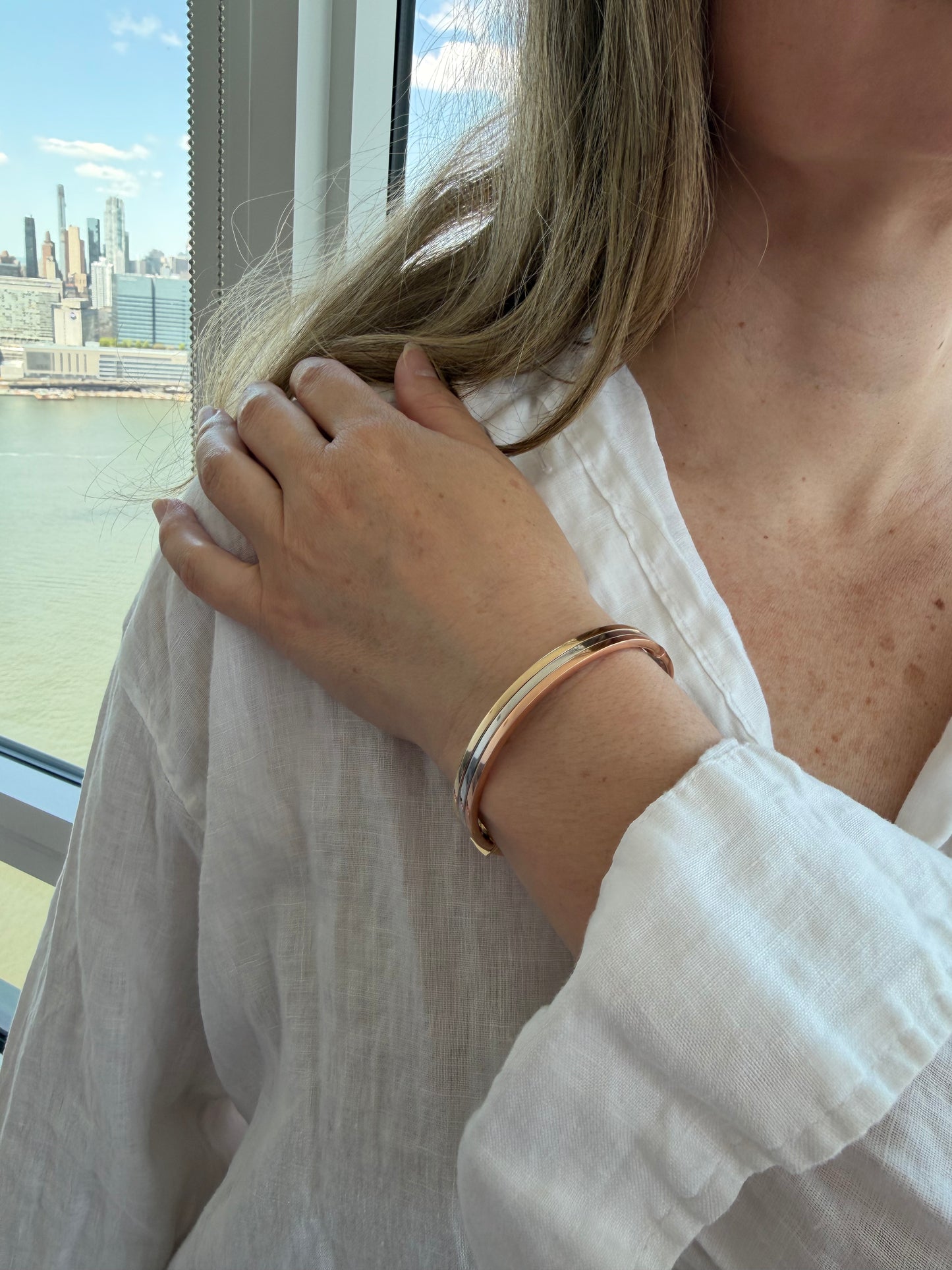 Triple Row Bangle Bracelet - Three Tone 14K Gold