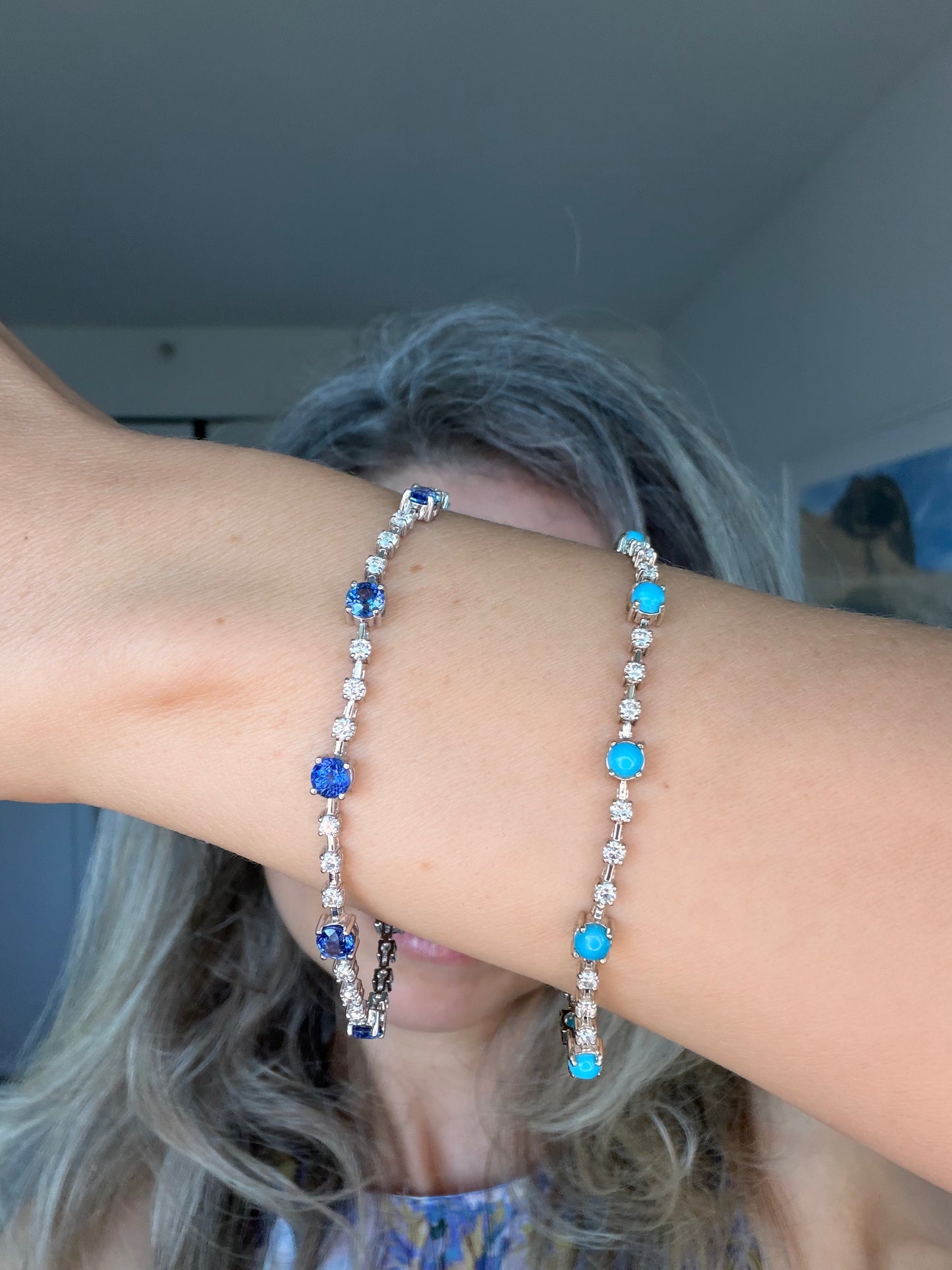 Natural Turquoise & Diamond Interval Tennis Bracelet — 14K White Gold