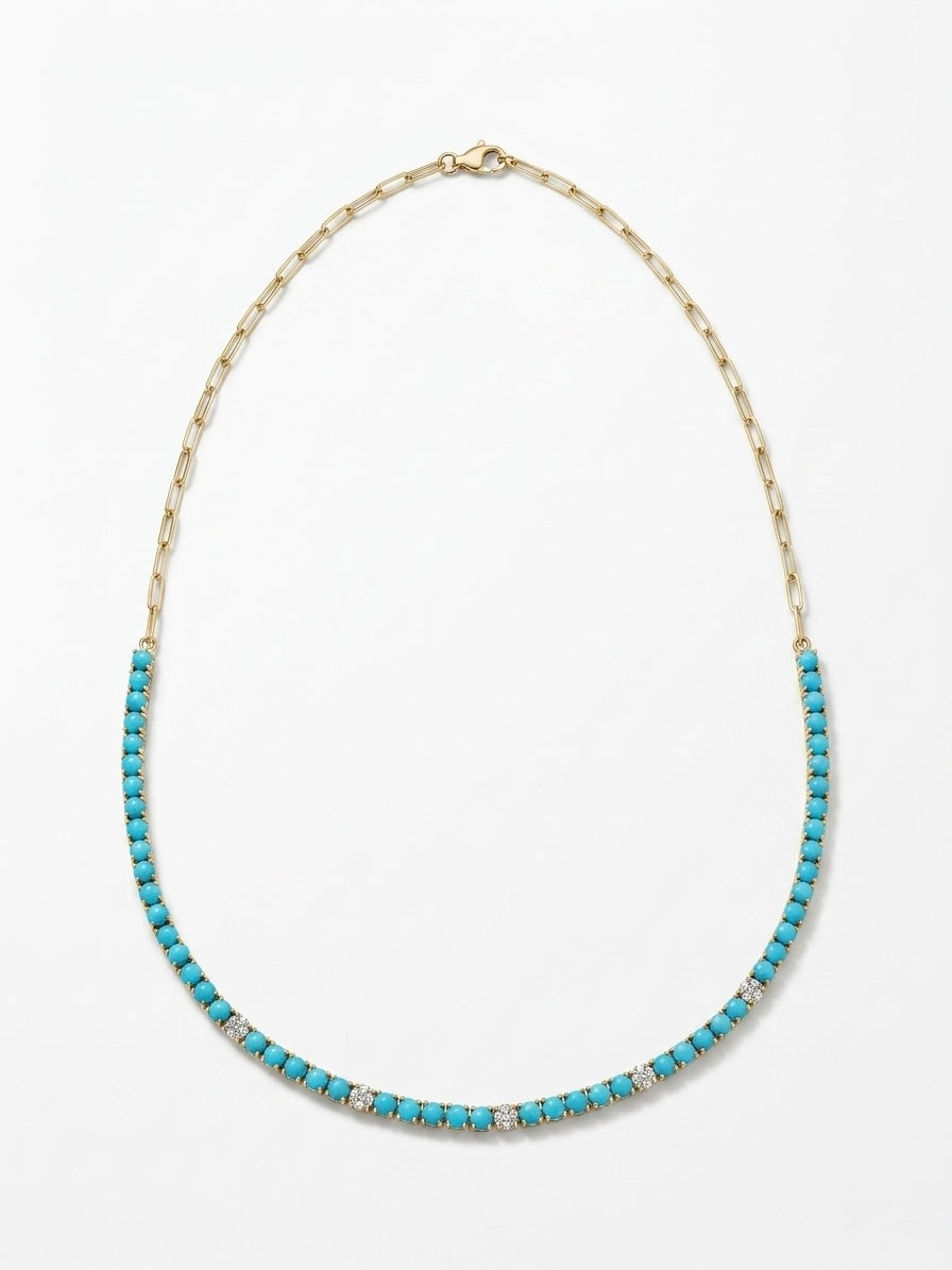 Turquoise & Diamond Paperclip Necklace — 14K Yellow Gold