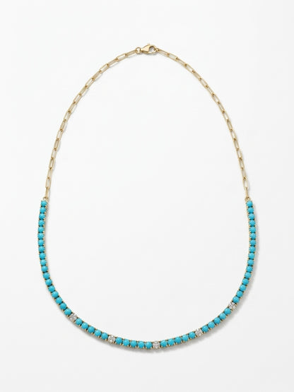 Turquoise & Diamond Paperclip Necklace — 14K Yellow Gold
