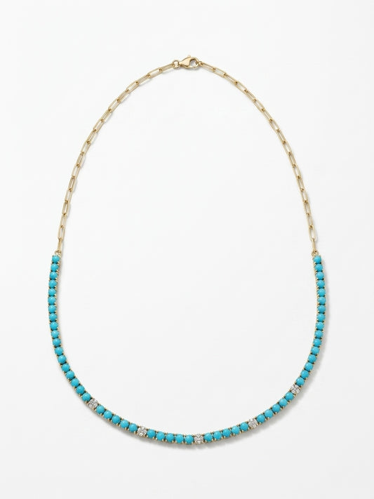 Turquoise & Diamond Paperclip Necklace — 14K Yellow Gold