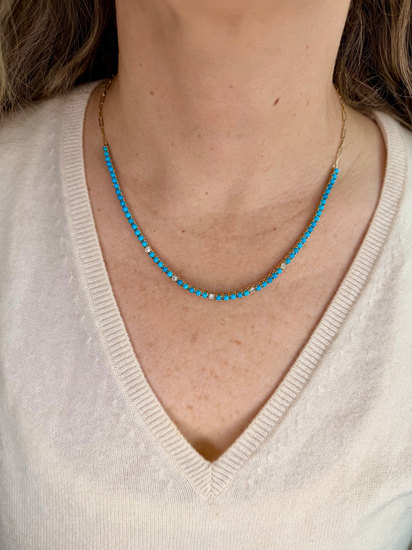 Turquoise & Diamond Paperclip Necklace — 14K Yellow Gold