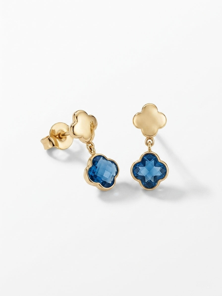 Blue Topaz Clover Drop Earrings — 14K Yellow Gold