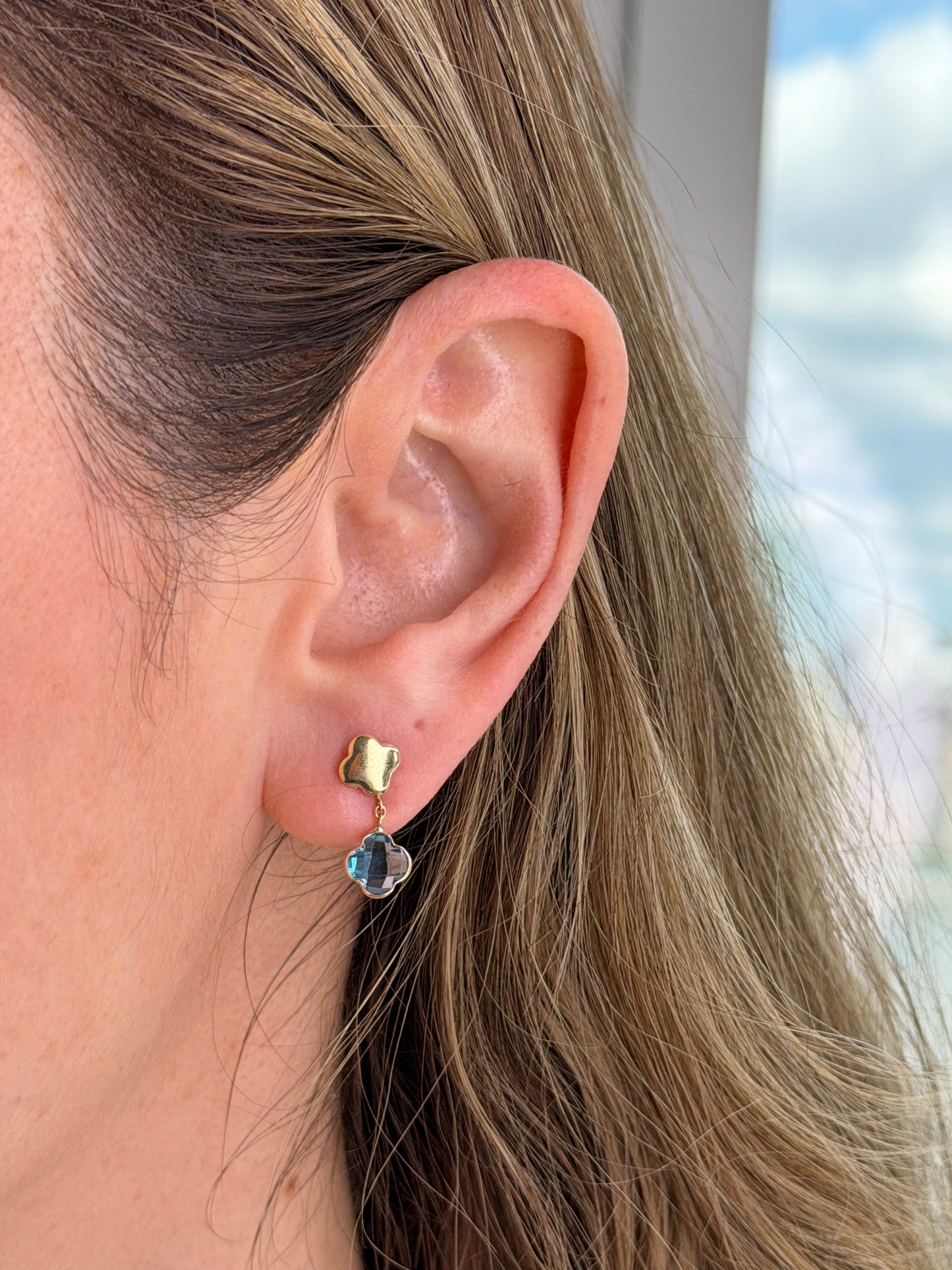 Blue Topaz Clover Drop Earrings — 14K Yellow Gold