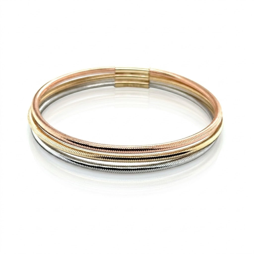 Triple Mesh Stretch Bangle — Three-Tone 14K Gold