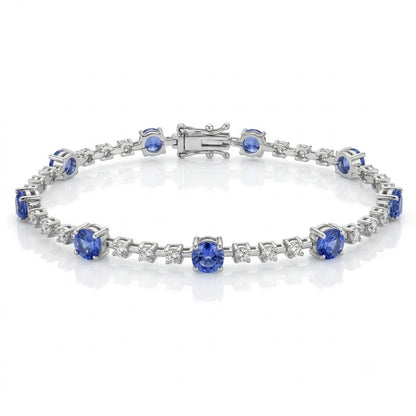 Blue Sapphire & Diamond Interval Tennis Bracelet — 14K White Gold