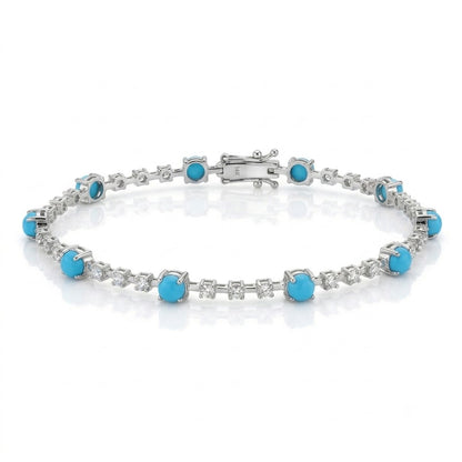 Natural Turquoise & Diamond Interval Tennis Bracelet — 14K White Gold