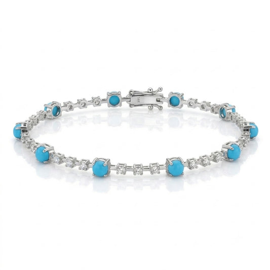 Natural Turquoise & Diamond Interval Tennis Bracelet — 14K White Gold